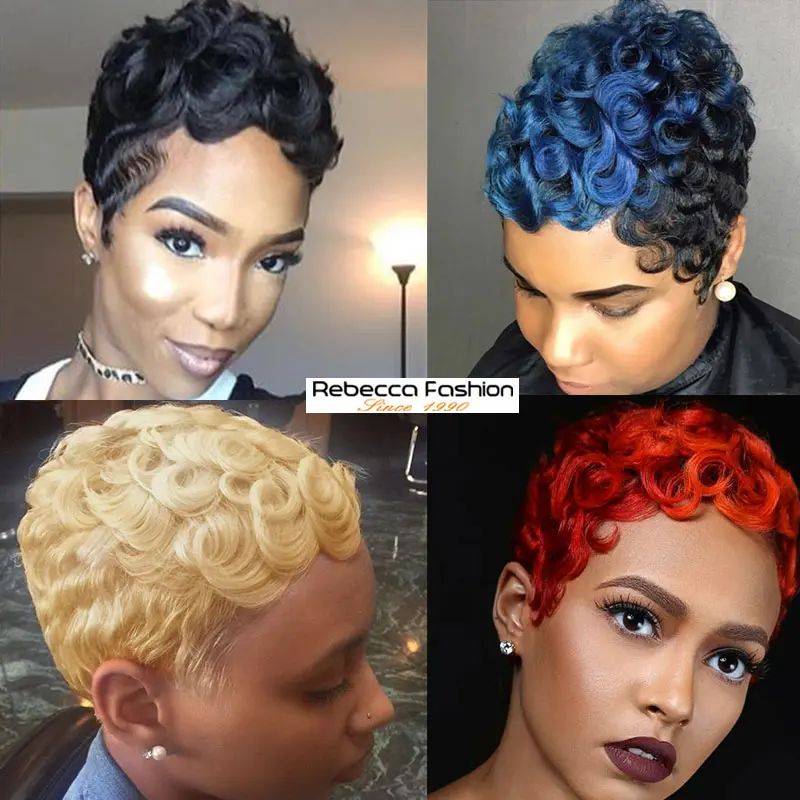 

Rebecca Fashion Short Pixie Wig Short Cute Straight Wave Human Hair Wigs for Women Peruvian Remy Full Wig Black Blonde Blue Red