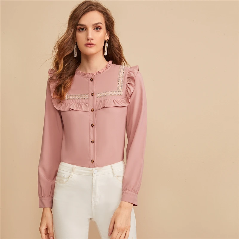 SHEIN розовая вышитая лента панель с рюшами отделка пуговица спереди милая блузка рубашка женские топы осень длинный рукав элегантные блузки