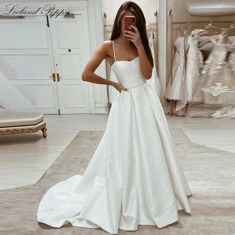 

Lceland Poppy A Line Simple Satin Wedding Dresses 2021 Sleeveless Floor Length Bridal Gowns Vestido de Noiva with Open Back