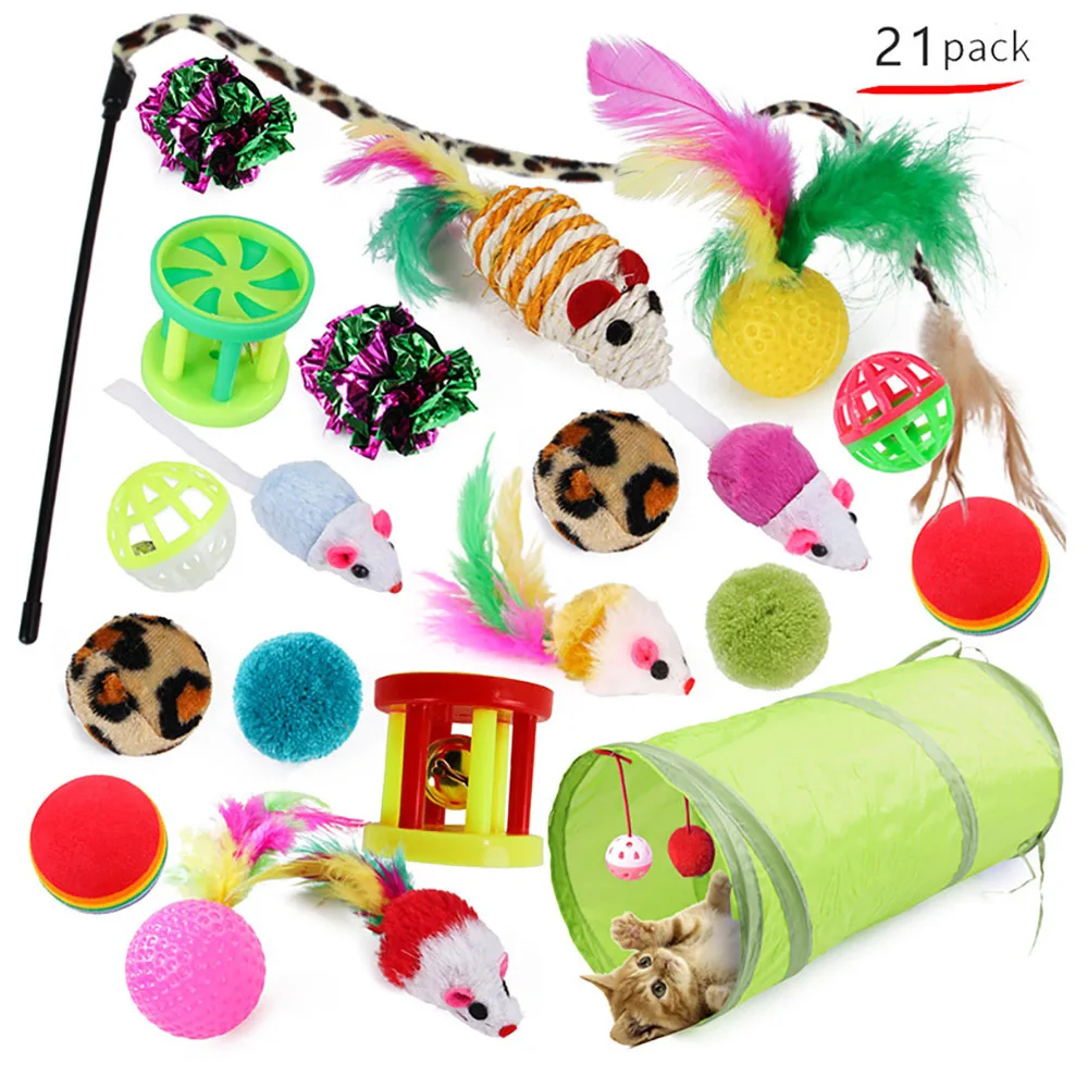 

21 Cat Toys Kitten Toys Assortments, 2 Way Tunnel, Cat Feather Teaser - Wand Interactive Feather Toy Fluffy Mouse, Crinkle Balls