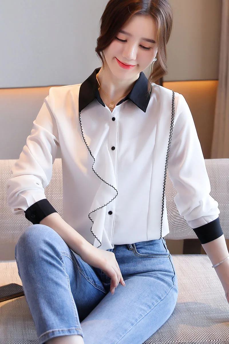 

COIGARSAM Chiffon blouse women New Spring Turn-down Collar blusas womens tops and blouses White 6201