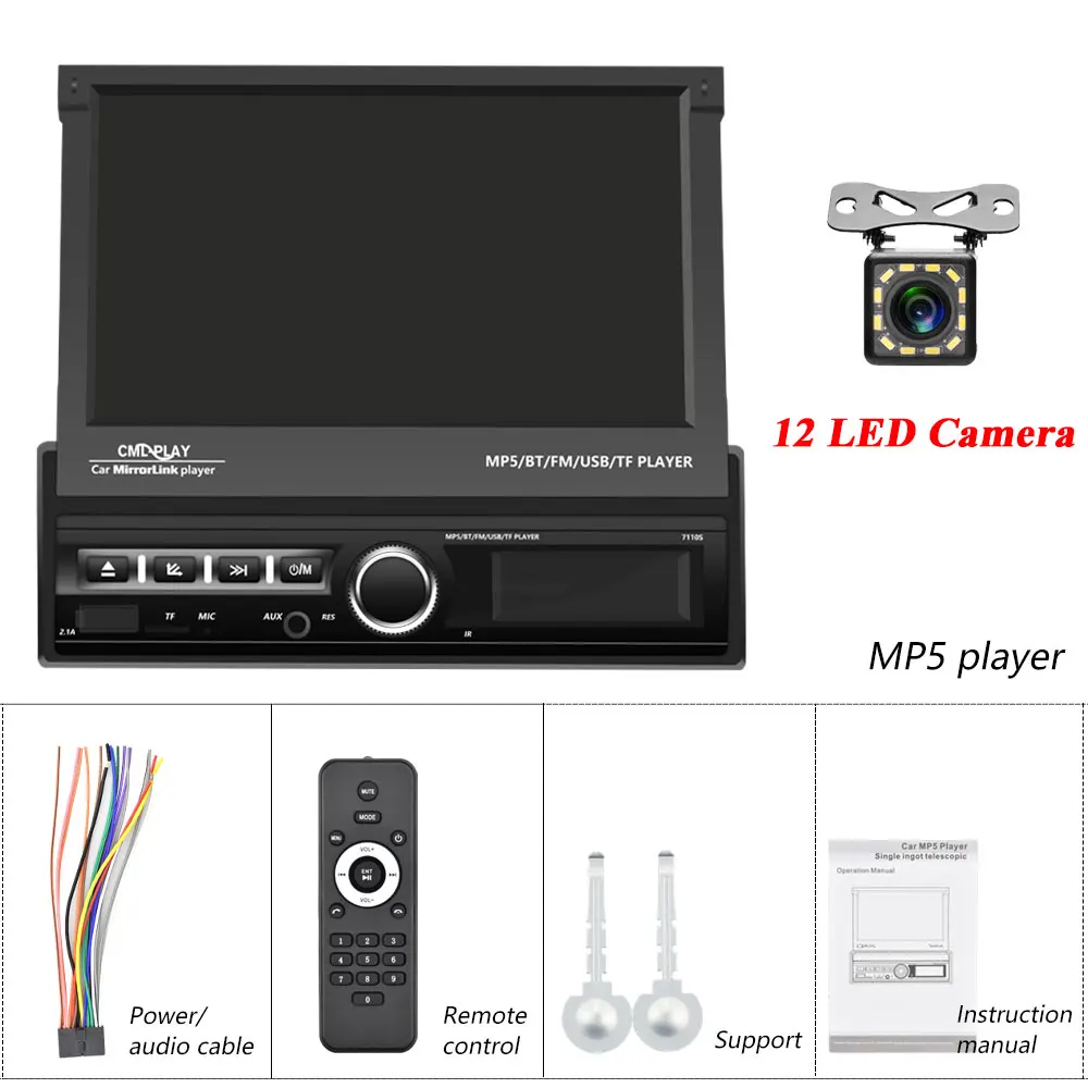 With 12 LED Camera Camecho 1 Din автомобильное радио Bluetooth зеркало ссылка Автомобильный мультимедийный плеер сенсорный экран Выдвижной MP5 плеер USB аудио стерео радио - Цвет: With 12 LED Camera