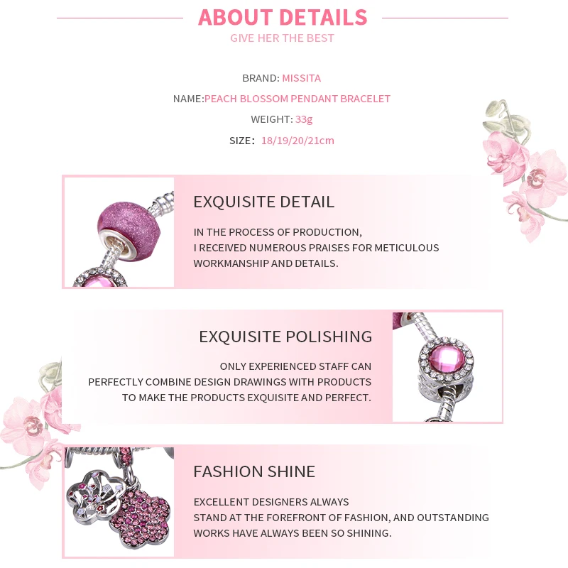 

MISSITA Trendy Peach Blossom Pendant Bracelets for Women with Pink Bead Pendant Bracelet Brand Wedding Anniversary Gift pulseras