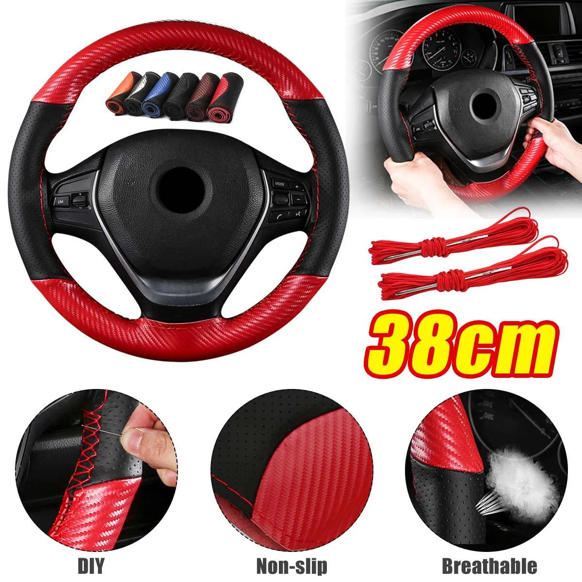

38cm DIY Microfiber Leather Steering Whee Car Auto Universal Steering Wheel Cover Decoration Carbon Fiber Leather