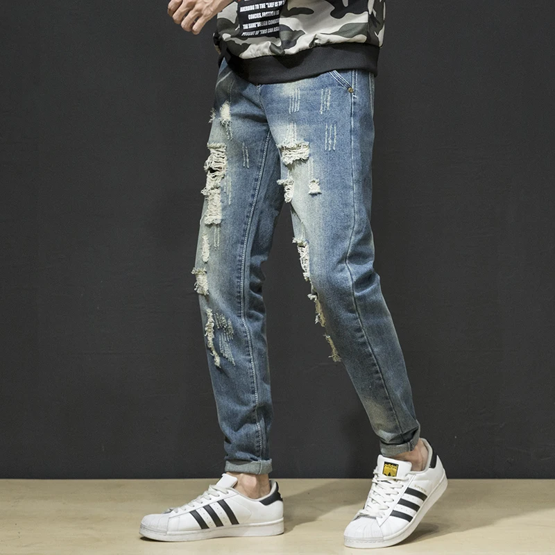 

Elastic retro nostalgic ripped jeans scratched loose loose personality beggar street fashion straight slim streetwear
