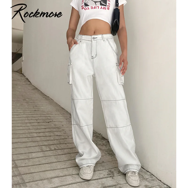 

Rockmore Harajuku Pockets Baggy Jeans Woman Low-rise Pants Bright Line Wide Leg Denim Trousers Y2K Straight Long Pants Plus Size