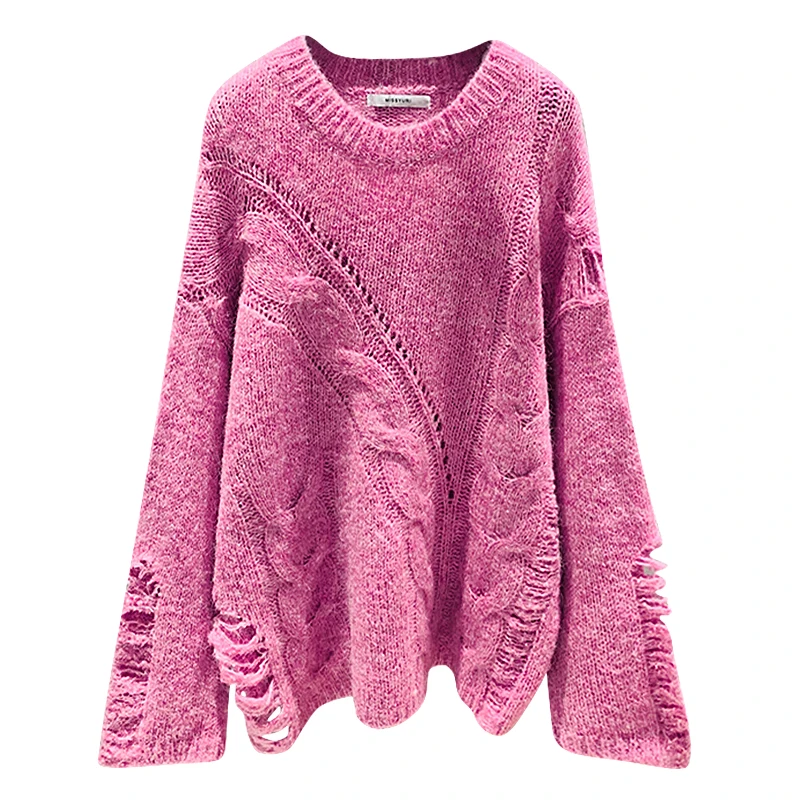 

2019 New Fall/Winter Round Collar Pullover Sweater Loose Jumper Women's Midi Long Twist Broken Hole Knitted Sweater Oversized
