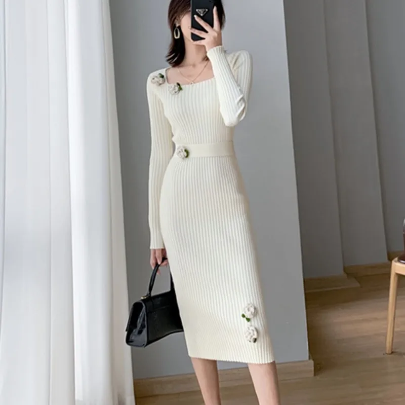 

Элегантное облегающее длинное платье-свитер с длинным рукавом и квадратным вырезом, плотное повседневное однотонное вязаное платье-свитер...