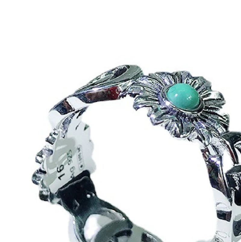 

925 sterling silver turquoise small daisy ring flower retro trend elegant hollow letter engraving ladies ring