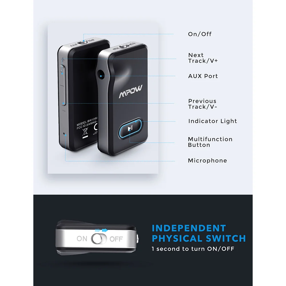 Mpow BH129 Bluetooth Audio Receiver V5.0 Wireless Adapter with CVC6.0 Noise Cancelling Mic Handsfree Calling Dual Link for Car |