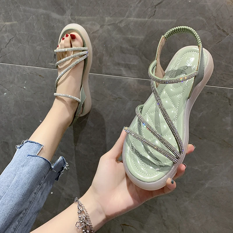 

Beige Heeled Sandals Shoes Ankle Strap 2021 Women's All-Match Black Rhinestone Low Gladiator Fashion Comfort Buckle Clear Girls