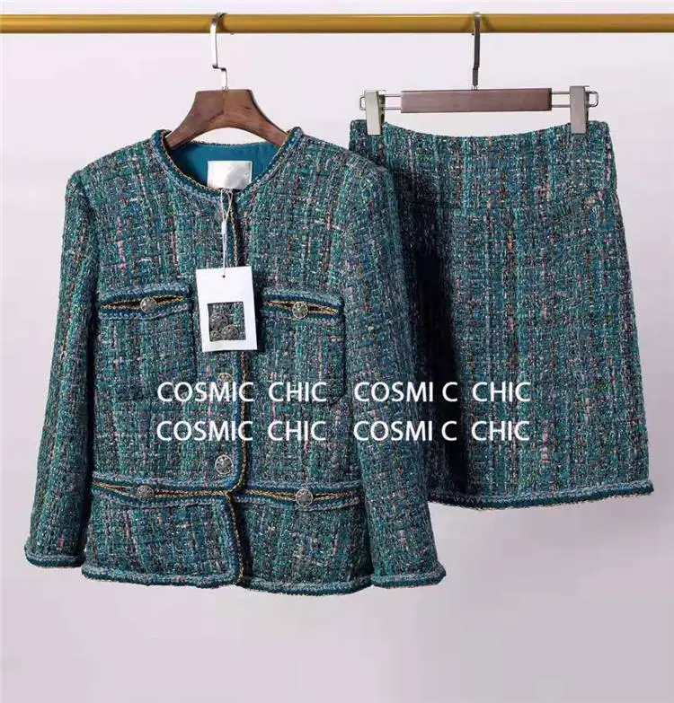 Cosmicchic роскошный шерстяной твидовый комплект для женщин, Осенний элегантный твидовый пиджак, костюм с юбкой, OL, Женская куртка, Подиумные комплекты высокого качества