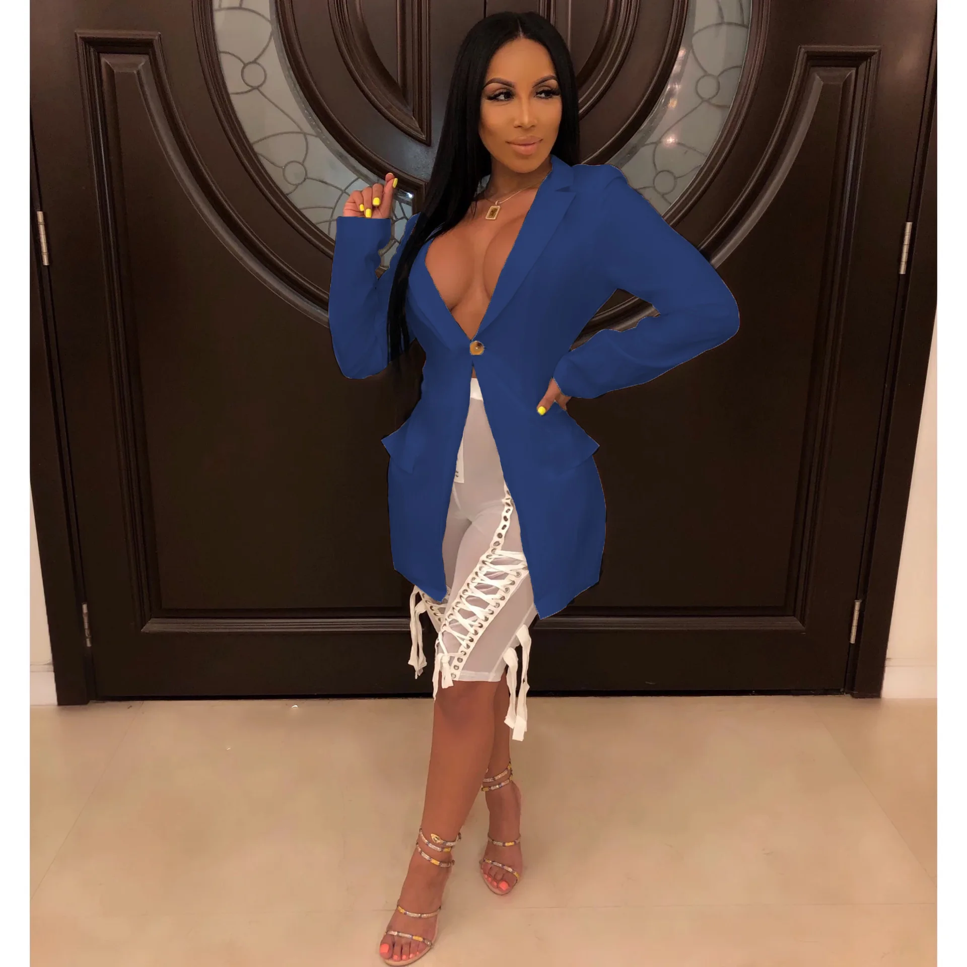 blue coat Adogirl, однотонный ассиметричный пиджак с открытой спиной, пальто, женская модная повседневная куртка с отложным воротником и длинным рукавом, деловой костюм, верхняя одежда, куртка - Цвет: blue coat