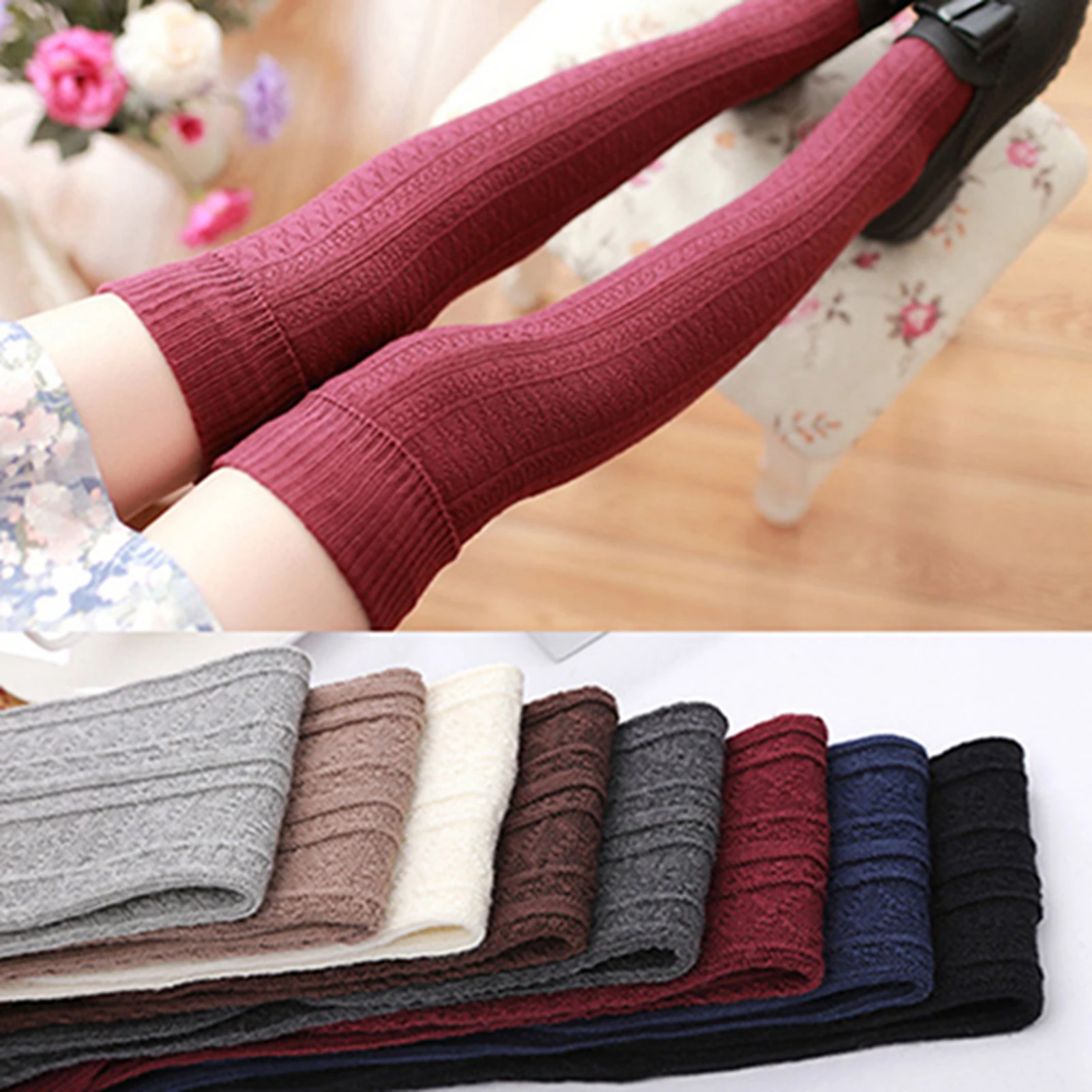 

Cotton Fashion Autumn Winter Thigh High Women Over The Knee Socks Solid Color Breathable Comfortable Warm Slim Leg Stockings