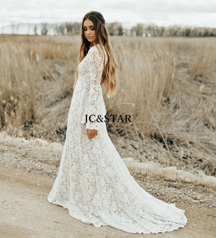 

robe mariee boheme dentelle V neck Flare long sleeve backless ivory mermaid wedding dress Sweep Train vestido casamento praia