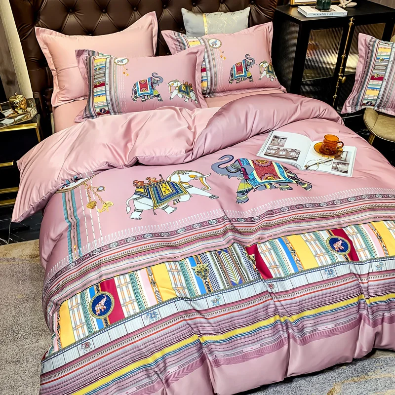 

Комплект постельного белья, 4 шт., с тропическим принтом 60s, из тенселя, королевского размера, пододеяльник, постельное белье на резинке, наво...