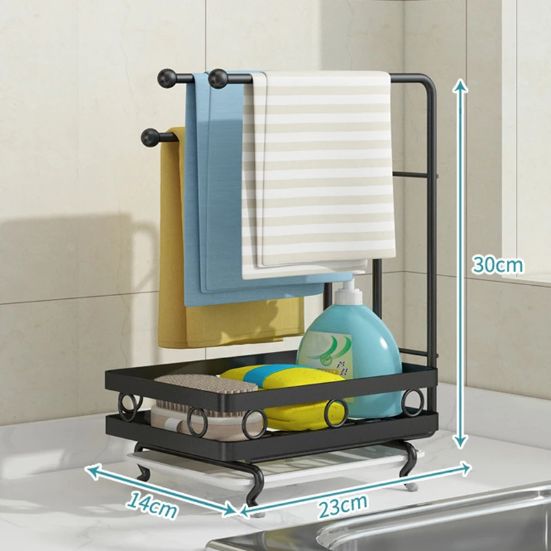 

Multipurpose Carbon Steel Kitchen Sink Caddy Organizer Coutertop Adhesive Rag Sponge Holder with Draining Plate HEE889