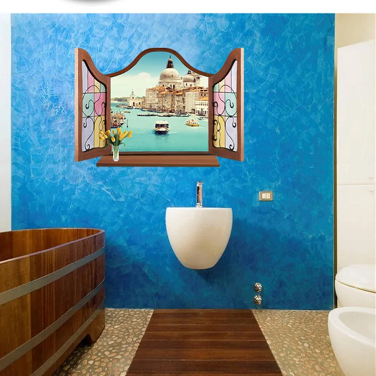 

Living room TV background wall stickers imitation 3D stereo false Outside the window Santorini panorama