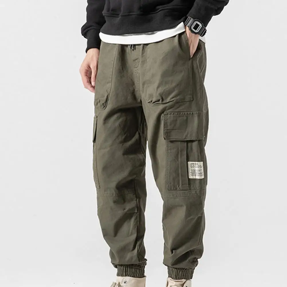 Men's trousers overalls solid color multi-pocket men's mid-waist drawstring trousers solid color multi-pocket men's trousers