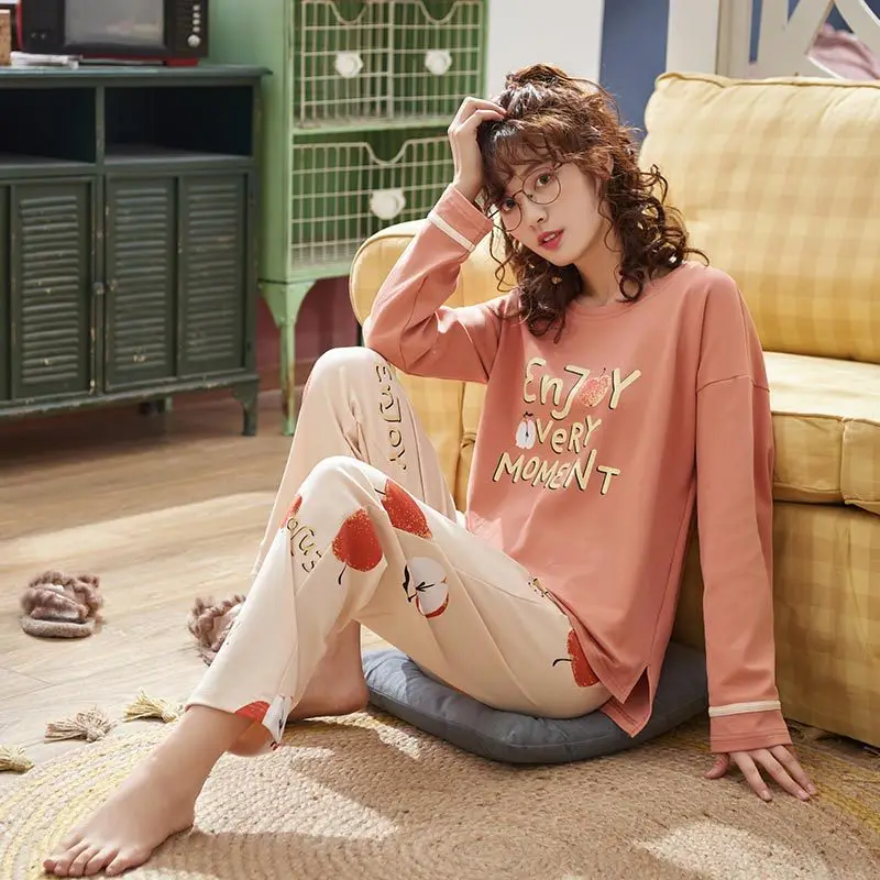 

SLPBELY Spring Autumn Pyjamas Women Cartoon Pure Cotton Pajamas Thin Two-Piece Set Round neck Student Pajamas