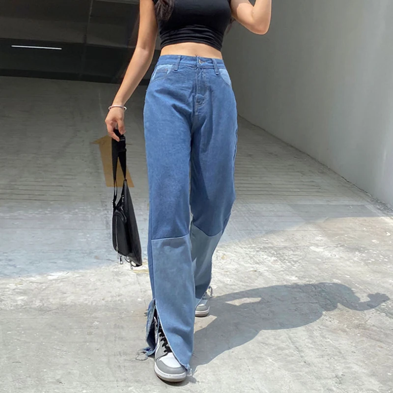 

Feet split patchwork jeans woman pantalones vaqueros mujer high waist 2020 cintura waisted taille haute mom straight jeans
