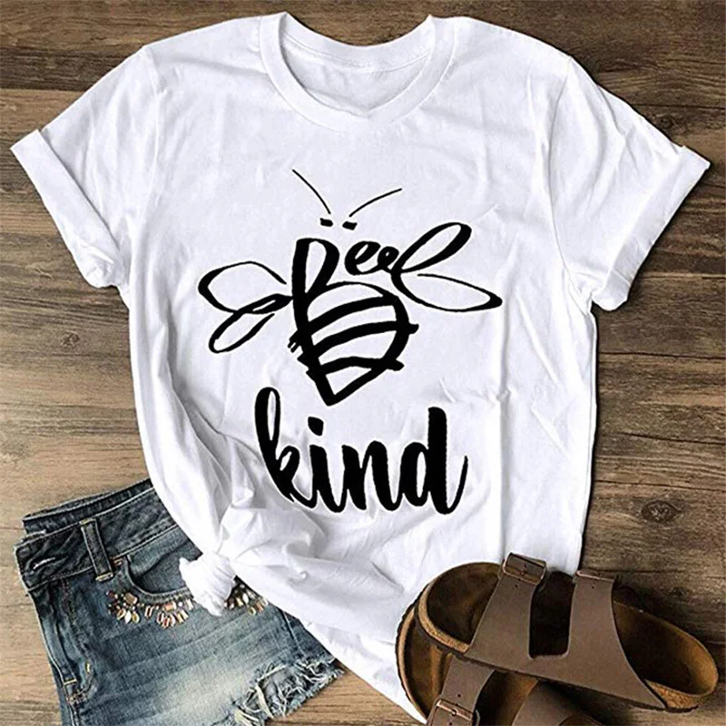 

2021 spring summer hot sale bee pattern letter printing round neck short-sleeved bottoming shirt pullover t-shirt