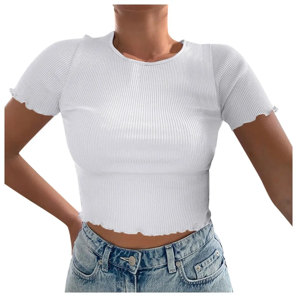 

Women's Blouses Solid Color Round Neck Crop Top Ribbed Short Sleeve Shirt blusas mujer de moda 2020 blusas