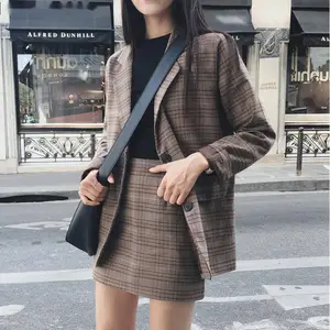Women Elegant Check Tweed Skirt Set Suits Double Breasted Gold Button Blazer  And Belted Mini Skirts 2 Piece Sets Womens Outfits - AliExpress