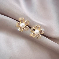 s2042 fashion jewelry s925 silver post flower earrings rhinstone faux pearl flower stud earrings