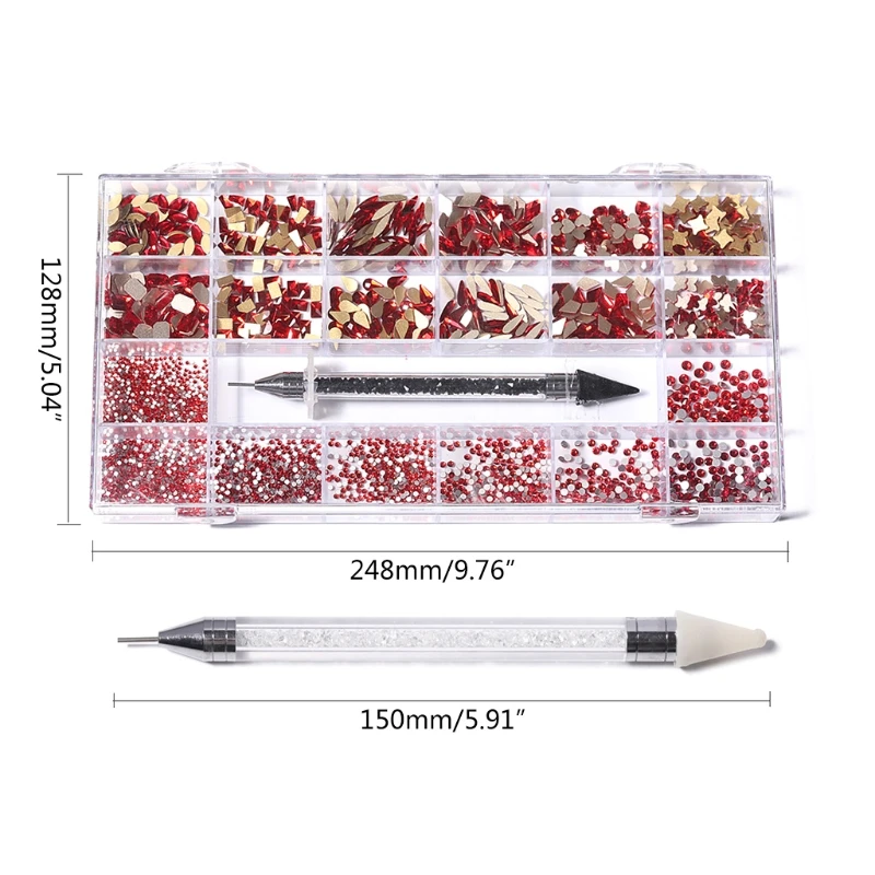 

27RC 21 Grids Glass Nail Art Decoration Kit Multi Shapes with Dual-ended Dotting Pen Set Nails Supplies Accessories Decor DIY
