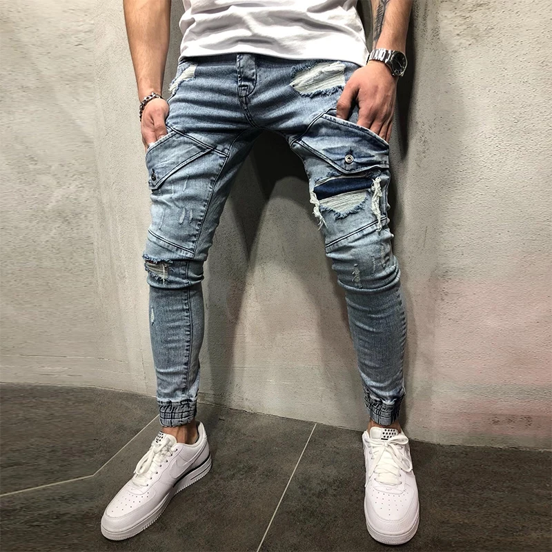 

Autumn Vintage Design Men Denim Trousers Fashion Patchwork Pockets Ripped Jeans For Men 2021 Spring Casual Slim Fit Pencil Pants