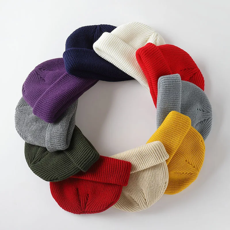 

New Fashion Men's Beanie Winter Knit Hat Boy Skullcap Sailor Cap Cuffs Retro Navy Short Hat Solid Color Unisex Autumn Warm Cap
