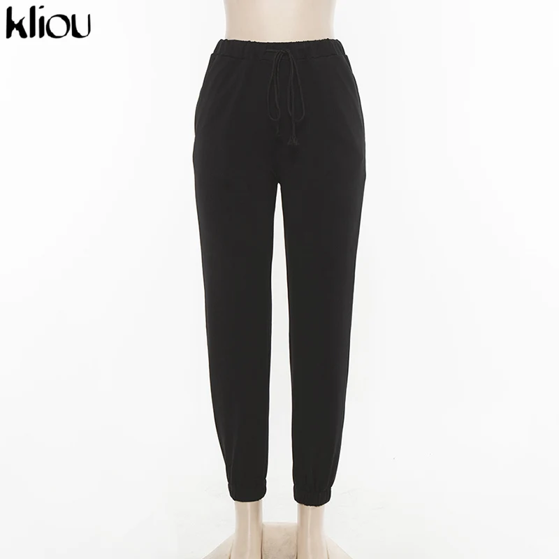 Черный Kliou women's pants casual streetwear elastic waist drawstring cotton cargo pants autumn joggers pockets fashion trousers - Цвет: Черный