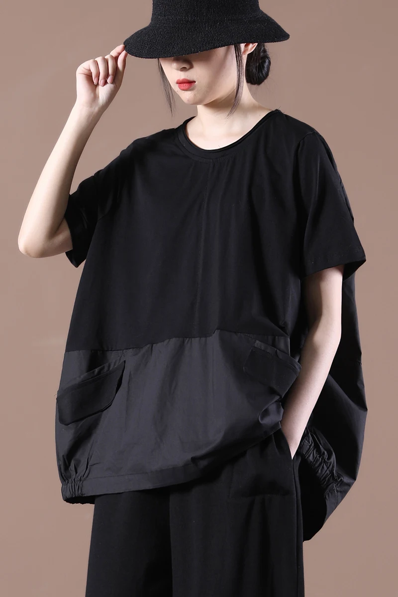 

IEQJ 2021 new summer fashion women clothes round neck short batwing sleeves pocket pullover contrast colors loose T-shirt 8P875
