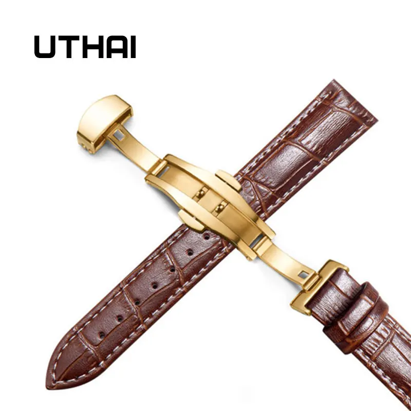 Gold-brown-white UTHAI Z09 Plus Ремешки для наручных часов из натуральной кожи 12-24 мм Универсальные часы с бабочкой и пряжкой стальной ремешок с пряжкой 22 мм ремешок для наручных часов - Цвет ремешка: Gold-brown-white