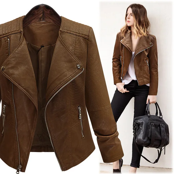 

mm Slim solid long sleeve leather coat Autumn big women's new fat