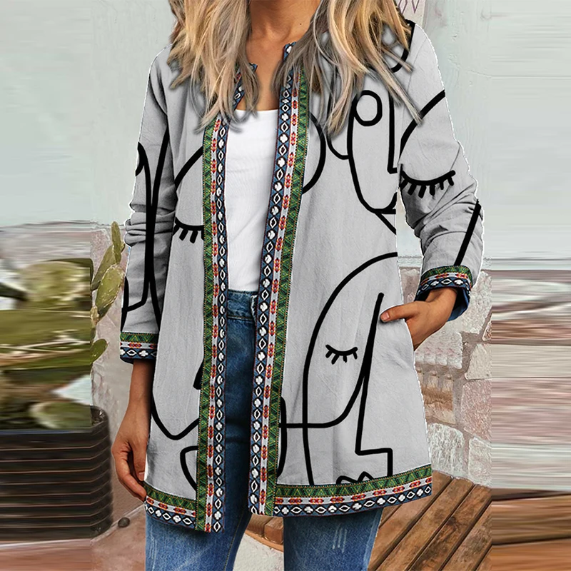 

2021 Autumn Winter Warm Women Coat Vintage Ethnic Pattern Printed Loose Cardigan Fashion All-match Female Casual Pockets Jackets