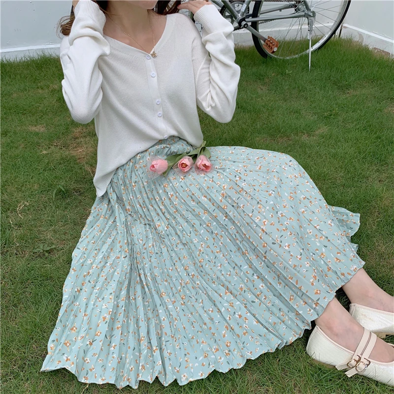 

HziriP New Women Skirts 2020 Summer Floral Pleated High Waist A-line Elastic-Waist High Quality Print All Match Students Thin