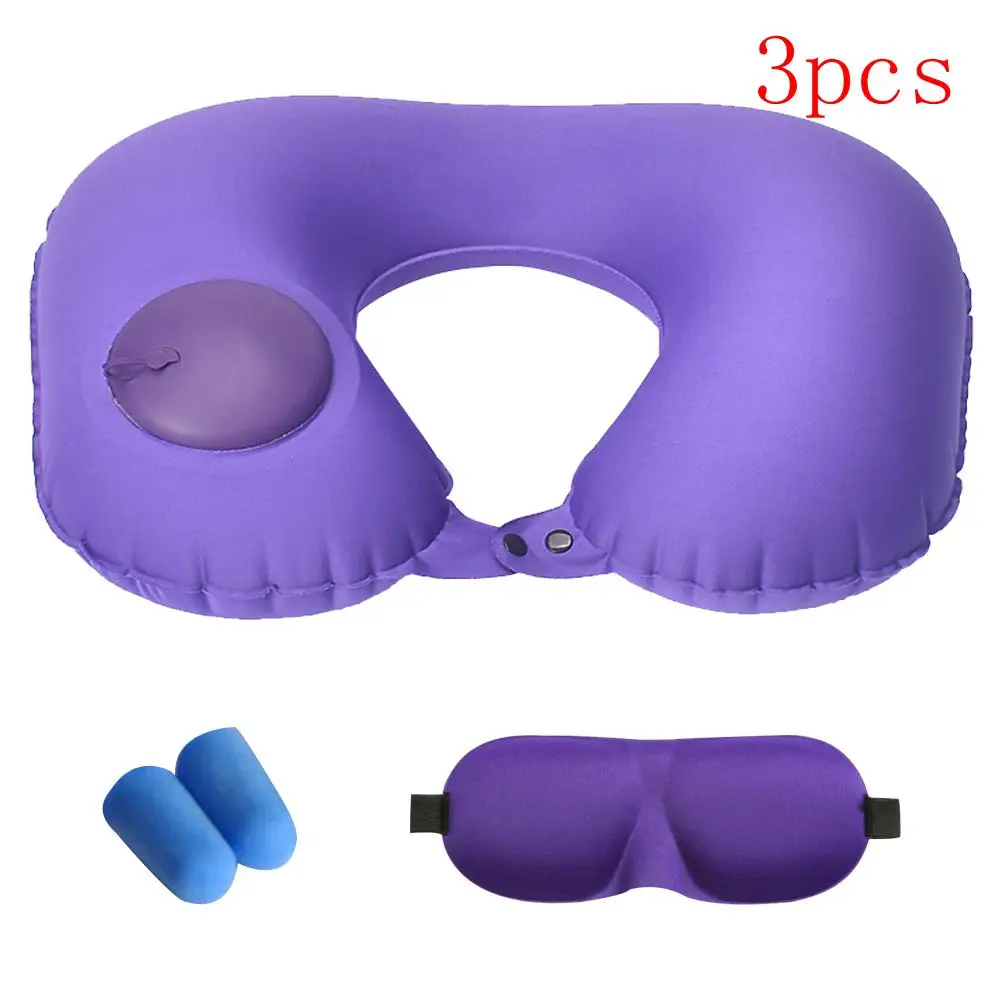 purple 3pcs 1/3Pcs Inflatable Cervical Pillow Outdoor Inflatable Pillow Travel Air Pillow Sex U Shape Neck Pillow Earplugs Eyemask - Цвет: purple 3pcs