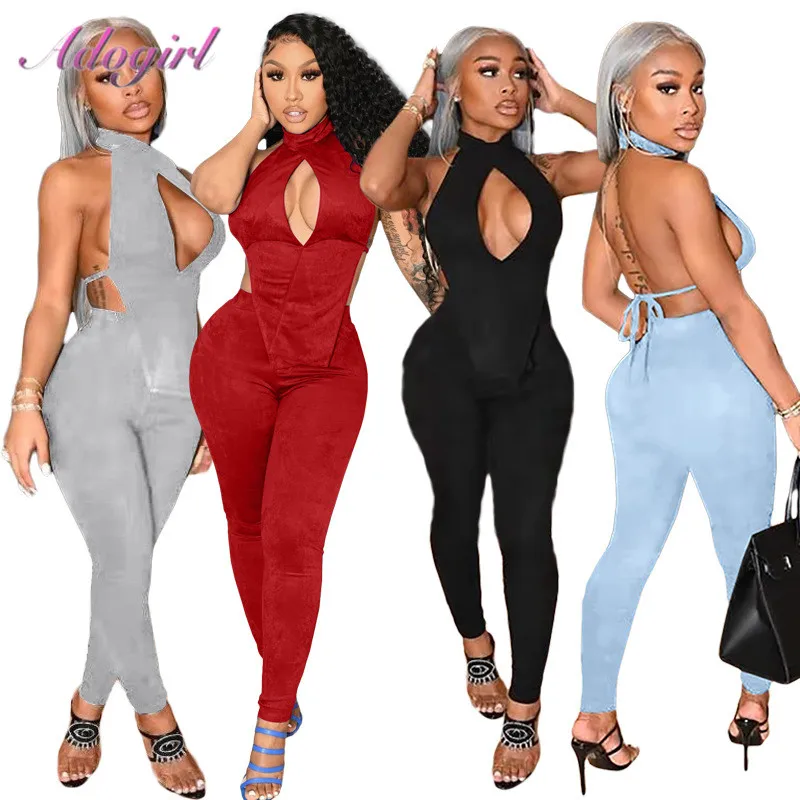 

Сексуальный комплект из двух предметов, женский летний однотонный костюм с перекрестной лямкой на шее, майка с открытой спиной, леггинсы, брюки, вечерние НКИ, клубный комплект, спортивный костюм