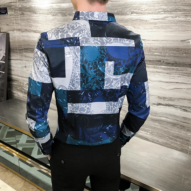 

Lattice Mens Printing Business Shirts Long Sleeve Casual Slim Fit Shirts Men Dress Clothes Night Club Streetwear Blusa Homme