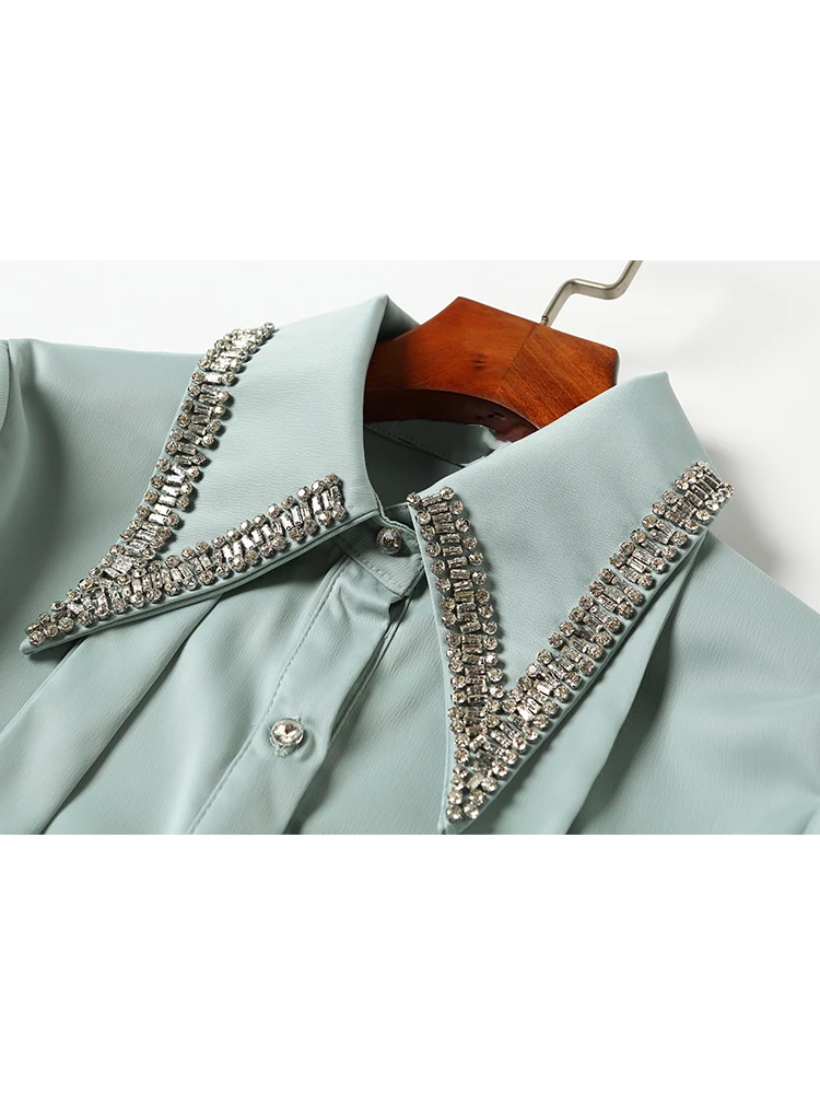 

Heavy craft beaded shirt women's design heart machine party shirt autumn straps bow tie satin shirt foreign gas