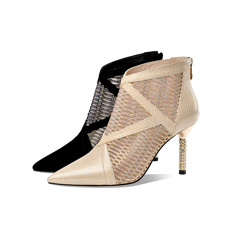 

ISNOM Spring Mesh Crystal Booties Women Shoes Stiletto Heels Shoes Woman Pointed toe Ankle Boots Ladies Fashion Boot Suede