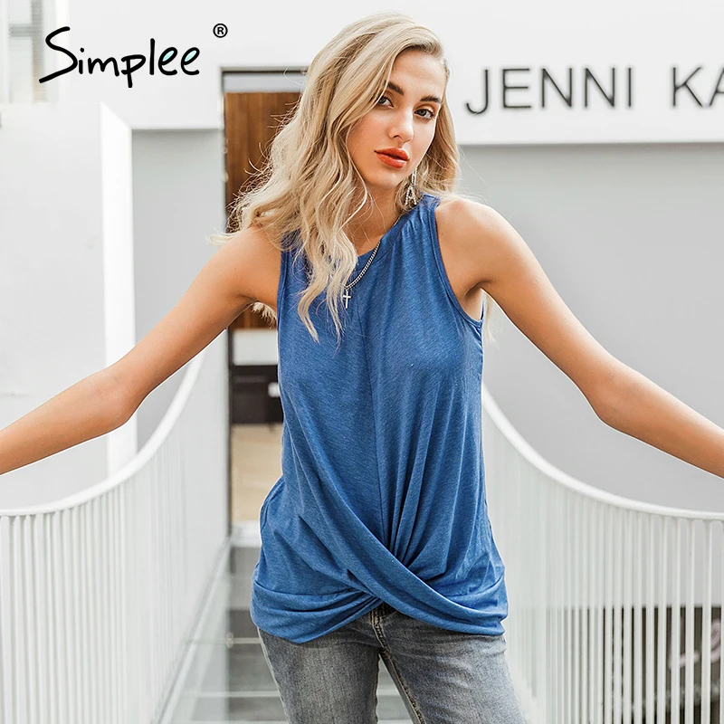 

Simplee Sexy women sleeveless twist knot loose t shirt top Casual feminina solid tunic T tops Blue female ladies tops shirts