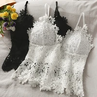 sexy hollow crochet tassel crop tops lace spaghetti strap tanke top women built in bra off shoulder sleeveless camisole ins