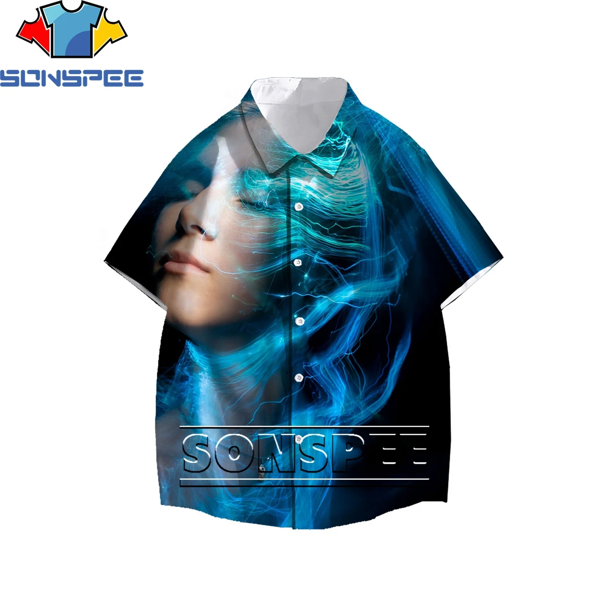 

SONSPEE Electronic Sound Goddess Rendering Style 3D Print Men Women's Shirt Summer Original Hawaiian Beach Buttons Oversize Top