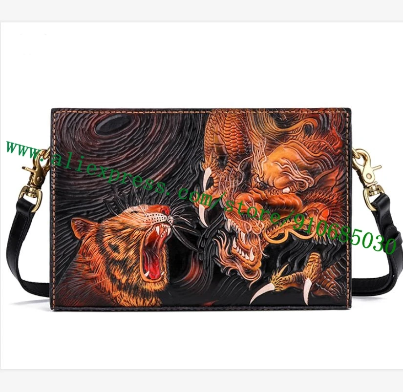 

100% Hand-Painting Dyeing Handmade Italy Imported Leather Carving Engraving Men Zippy Clutch Shoulder Bag Pochette Tiger Dragon