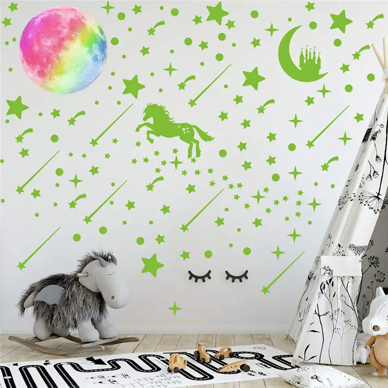

Vacclo 20cm Rainbow Luminous Moon Castle Cartoon Wall Stickers Star Meteor Fluorescent Stickers DIY Wall Decals Home Room Decor