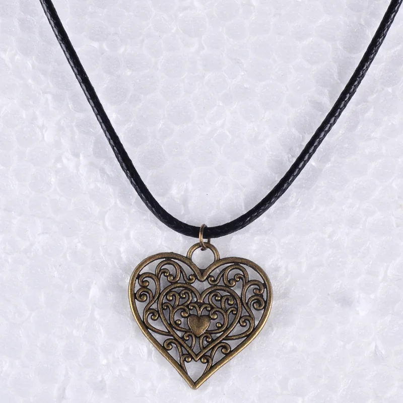 Винтажная антикварная бронзовая филигрань ожерелье с кулоном в виде сердца