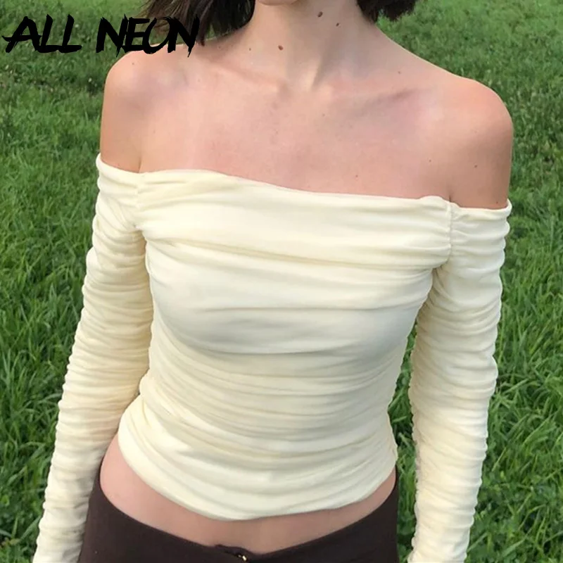 ALLNeon в винтажном стиле 90 х с открытыми плечами рюшами сетчатые кроп топы Y2K